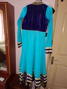 Teal &amp; Gold Embellished Anarkali Dress