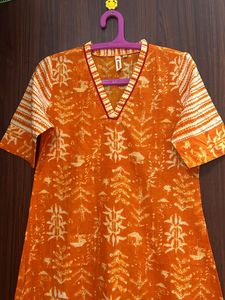 Orange Printed A-Line kurta