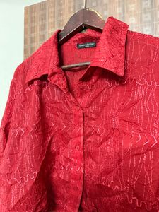 Red Cropped Embroidered Shirt