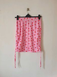 Pink Heart Print Drawstring Mini Skirt