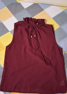 Maroon Ruffle Neck Sleeveless Top