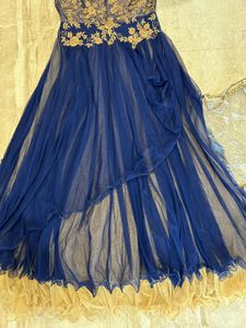 Elegant Navy Blue Embroidered Gown Golden And Roya