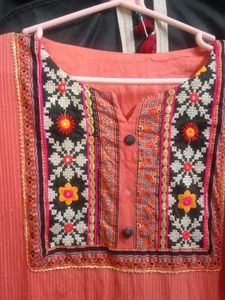 Embroidered Coral Kurti With Cotton Lining
