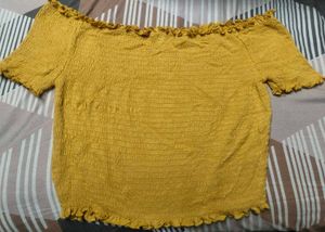 Mustard Yellow Smocked Off-Shoulder Crop Top