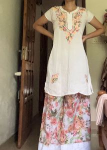 Embroidered Kurti with Floral Palazzo Pants