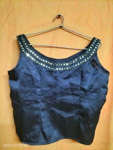 Navy Mirror Work Saree Blouse