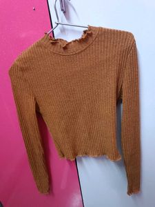 Ribbed Ruffle Trim Long Sleeve Top