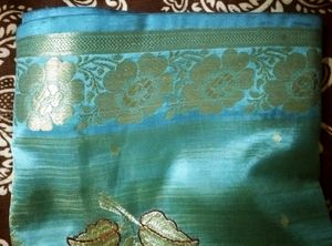 Teal Blue Colour Saree With Embroidery Flowers