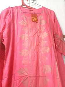 Coral &amp; Gold Print Kurti Plazo Set