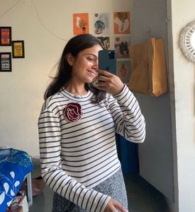 Striped Long Sleeve Top with Rose Detail
