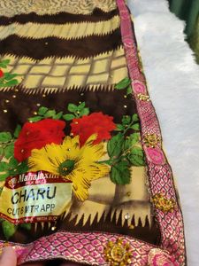 Black Saree With Kundan Work, Multicolour Flowers.