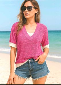 Korean Pink V-Neck Knit Top B
