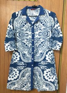 Blue & White Floral Print Button-Down Dress