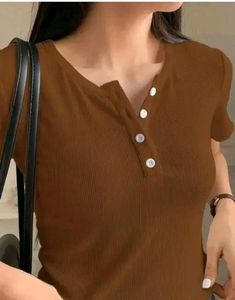 Brown Ribbed Button Top