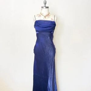 Blue Shimmer Satin Prom Dress With Side Slit