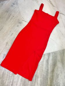 Red Square Neck Slit Dress