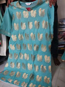 BIBA Womens Notched Neck Gold Woven Kurta with Inn