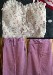 Floral Lace Top & Denim Skirt