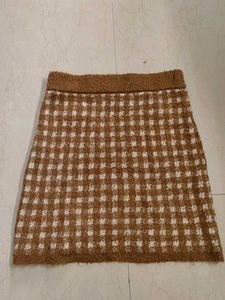 Korean Style Brown And White Checked Skirt
