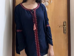 Navy Blue Top With Embroidery Work For Women