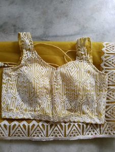 Yellow Saree with Embroidered 32 Inches Blouse