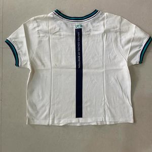 UCB White Solid Cropped Round Neck T-shirt