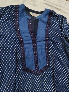 Biba Women Blue Printed Cotton Mix Straight Kurta
