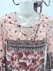 Floral Print Lace-Up Bell Sleeve Top