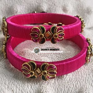 Vibrant Pink Silk Thread Bangle Set with Floral Em