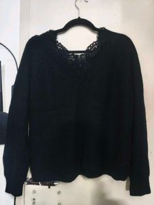 Black Lace Trim V-Neck Sweater