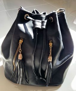 Imported black faux leather bucket bag