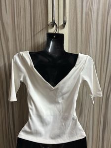 White V-Neck Ribbed Top