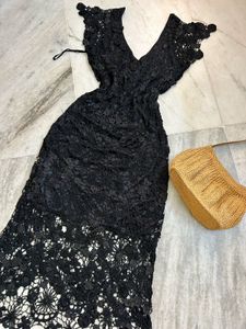 Black Beaded Crochet Maxi Dress