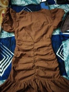 Brown Puff Sleeve Mini Dress