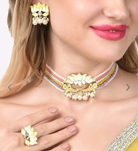 Yellow Lotus Meenakari Choker Earrings Ring Set