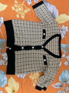 Tweed Knit Cardigan with Black Trim