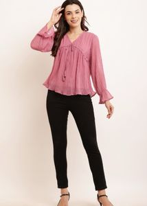 Mauve Tie-Neck Ruffle Sleeve Top