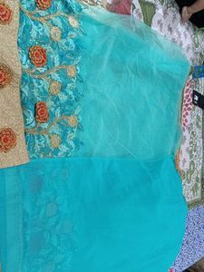 Teal Blue &amp; Gold Embellished Saree