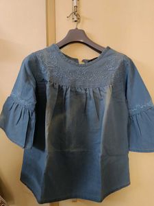 Blue Embroidered Ruffle Denim Top