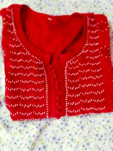 Red  Chikenkari Kurtawith New Saree Free