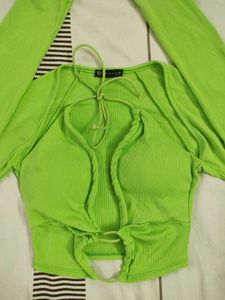Imicoco Neon Green Ribbed Tie Up Crop Top