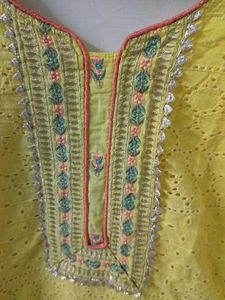 Yellow Embroidered Kurti Pant Set With Dupatta