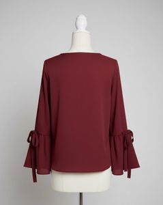 Burgundy Top with pearls Ruffle bell Sleeves