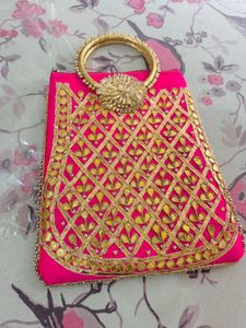 Heavy Pink Embroidered Gota patti Potli Bag