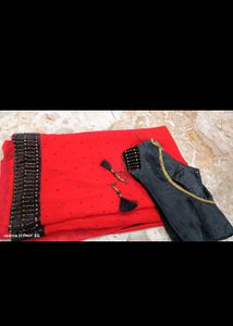 Red & Black Embellished Saree