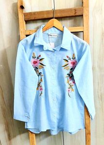 Sky Blue Embroidery Work Cotton Shirt Size-36