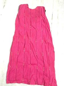 Pink Striped Sleeveless Kurti With Mirror Work