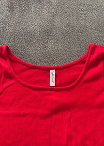 Red Ribbed Scoop-Neck Long Sleeve Top