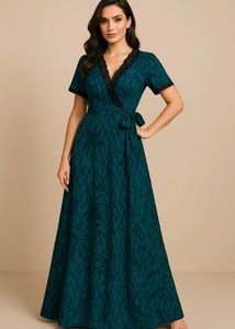 Teal Black-Lace Wrap Maxi Nighty