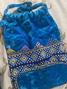Blue Velvet Bead Embroidered Potli Bag
